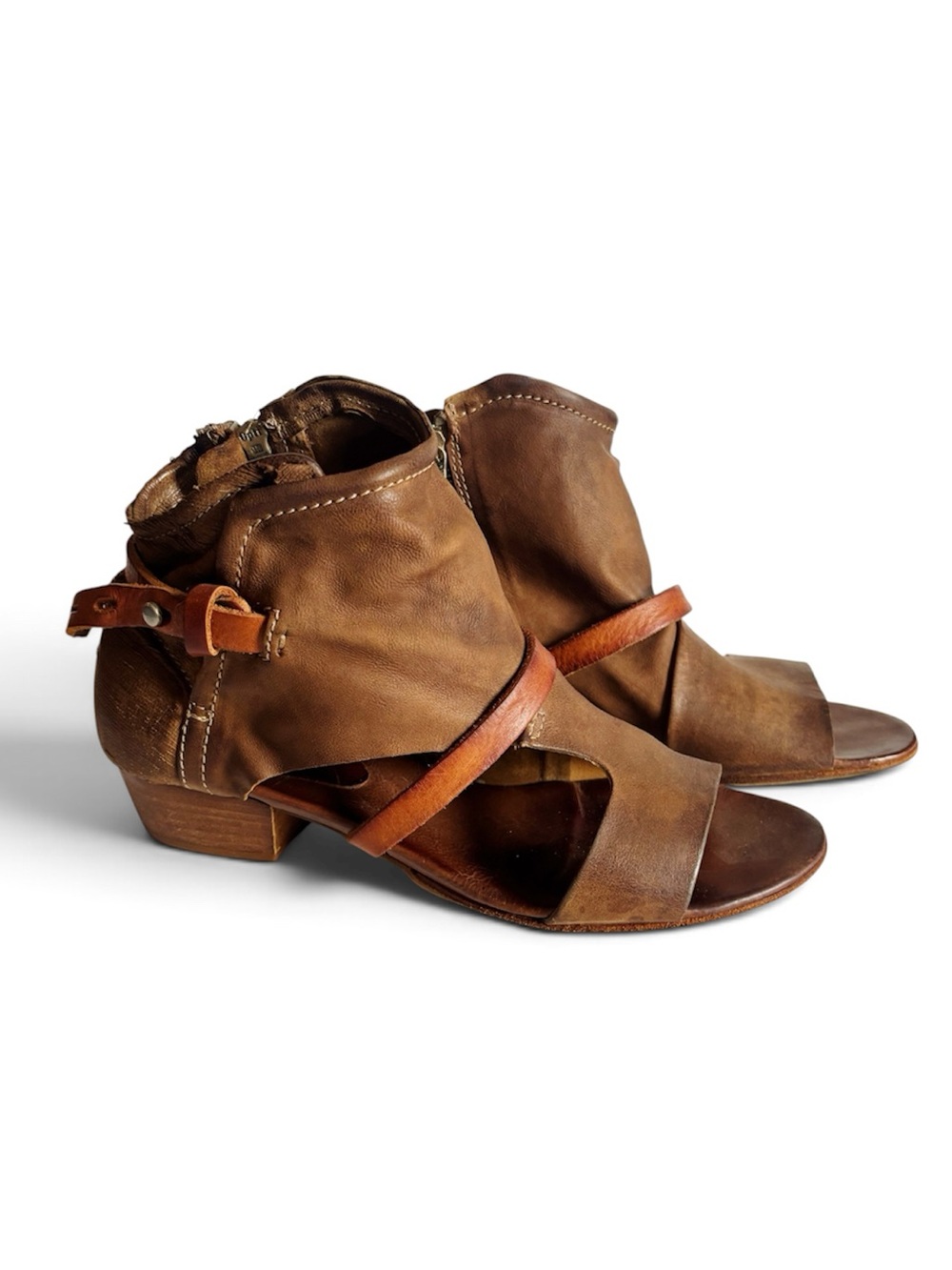 A.S. 98 Leather Heeled Sandals Brown Side Zip